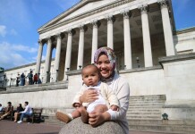 Elnoviamy and her son Radiant in front of the iconic University College London main building a few days before returning home